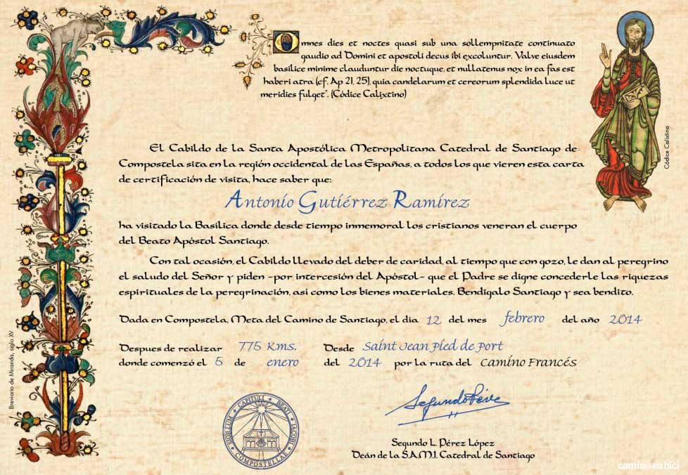 La Compostela y otros certificados del Peregrino- Certificado de distancia
